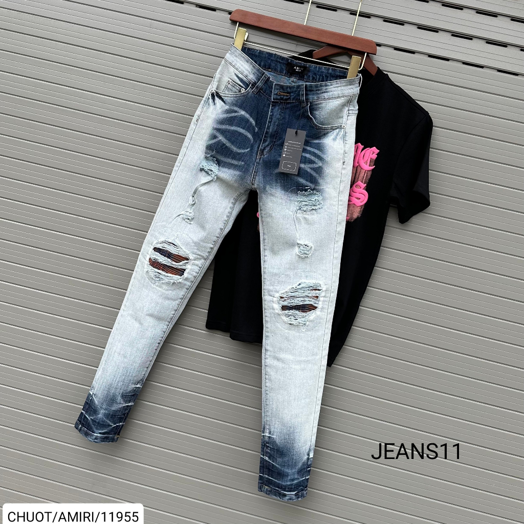 Quần jeans nam Amiri  xanh sáng mài bạc rách vá trần nâu ,vải bò cao cấp co giãn 4 chiều,form slimfit,Size 28/32.