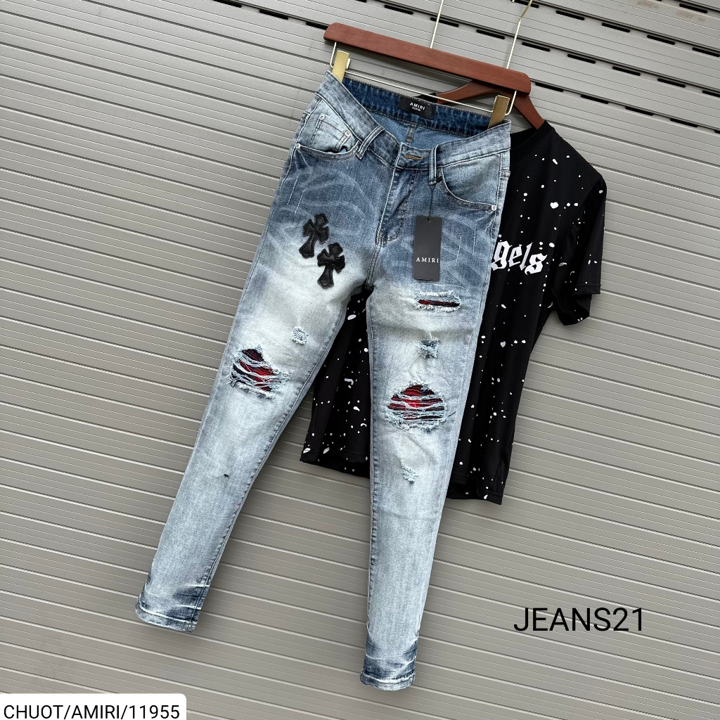 Quần jeans nam Amiri Jean21 xanh sáng rách vá trần nhăn đỏ thêu dấu thập da đen,vải bò cao cấp co giãn,slimfit,Size28/32
