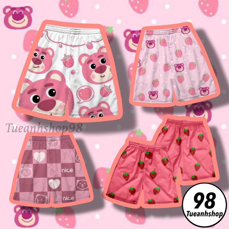  Quần Đùi Gấu Dâu Lotso Short Lững Cartoon - Quần Đùi Thun Cotton Hoạt Hình Nam Nữ Unisex Mặc Nhóm Đi Biển