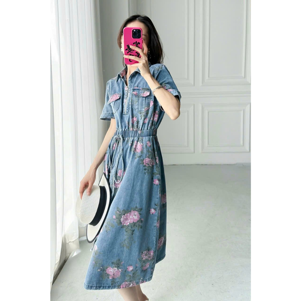 ĐẦM XÒE JEAN HOA CỔ SƠ MI EO RÚT DÂY SIÊU ĐẸP