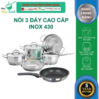 Bộ Nồi Chảo 3 Đáy Bếp Từ Inox 430 Cao Cấp Fivestar Standard 6 món nắp inox, dùng được mọi bếp - hàng chính hãng