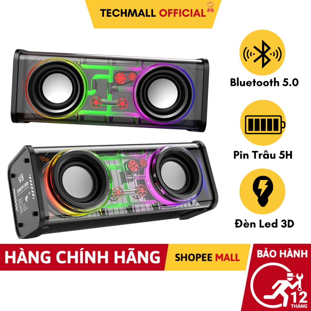 Loa bluetooth không dây V8 mini cầm tay công suất lớn, âm thanh hay, led nháy theo nhạc- TECHMALL.Official