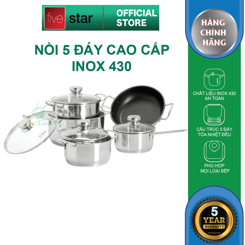 Bộ nồi chảo 5 đáy bếp từ cao cấp Fivestar FSB55D001 nắp kính inox 430 , dùng được mọi bếp - hàng chính hãng