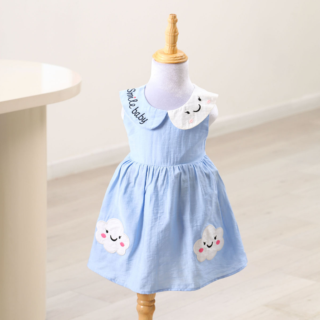 Váy bé gái YOYOKIDS, Chất liệu vải tơ Nhật kiểu dáng babydoll thêu họa tiết hình đám mây xinh xắn đáng yêu cho bé từ 8kg