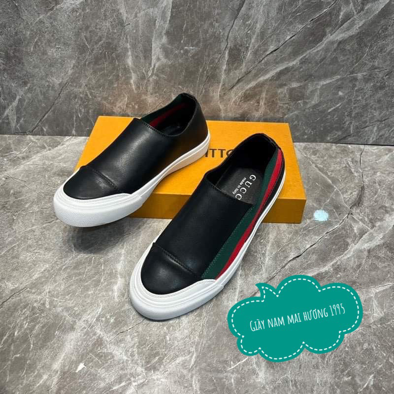 Giày slipon da nam trẻ , giày luồ nam thể thao sọc đỏ cao cấp