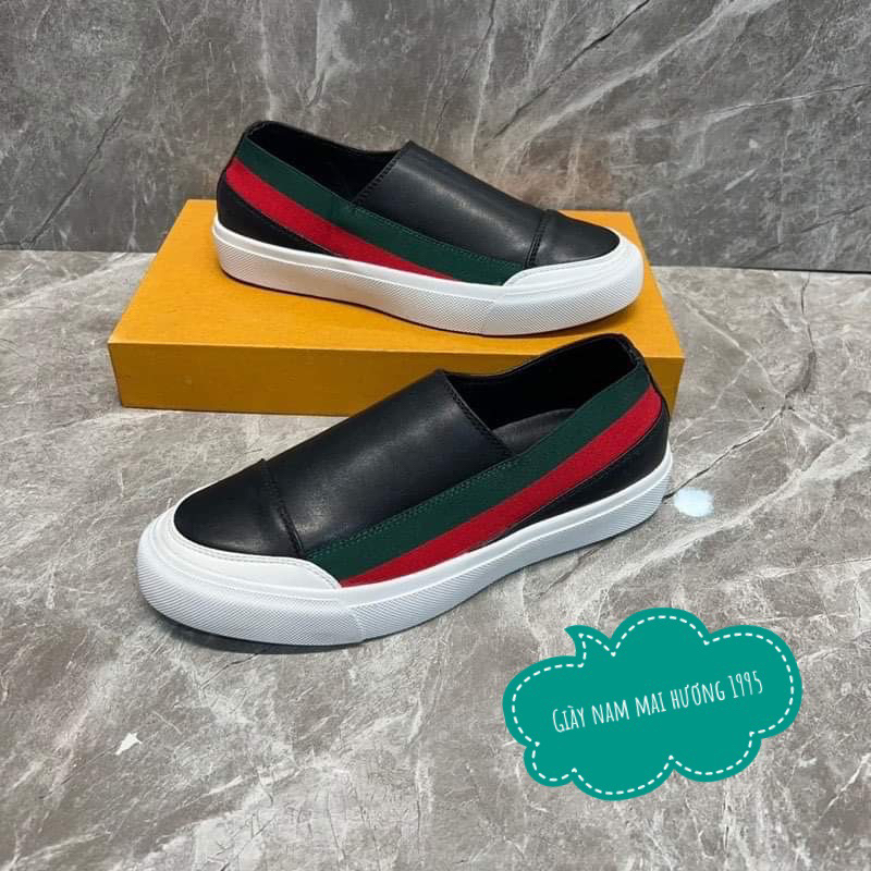 Giày slipon da nam trẻ , giày luồ nam thể thao sọc đỏ cao cấp