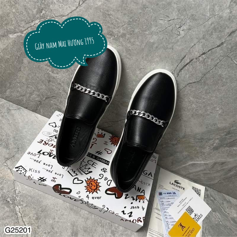 Giày slipon xích da đen , giày lười nam quảng châu kèm box