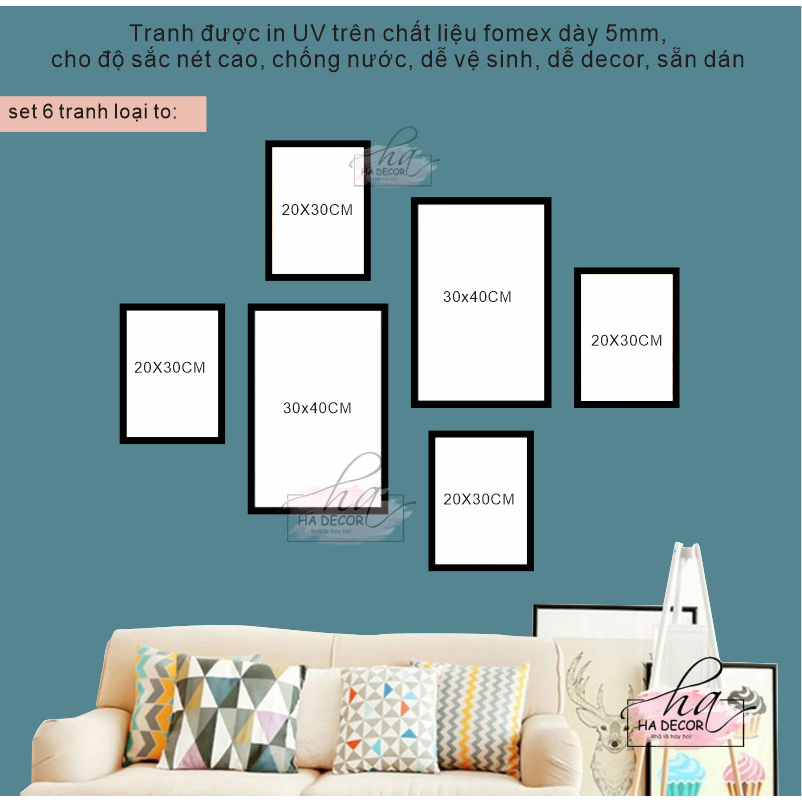Set 6 tranh trang trí dán tường decor nhiều mẫu hiện đại, combo tranh fomex keo sẵn dán trang trí phòng khách phòng ngủ