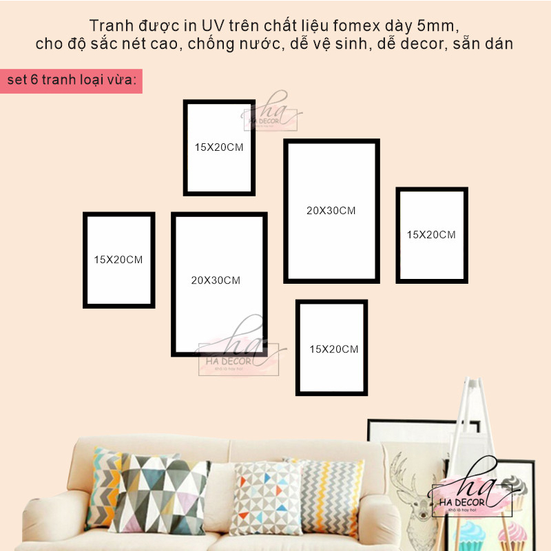 Set 6 tranh trang trí dán tường decor nhiều mẫu hiện đại, combo tranh fomex keo sẵn dán trang trí phòng khách phòng ngủ