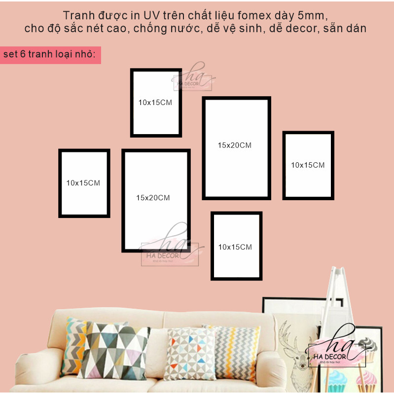 Set 6 tranh trang trí dán tường decor nhiều mẫu hiện đại, combo tranh fomex keo sẵn dán trang trí phòng khách phòng ngủ