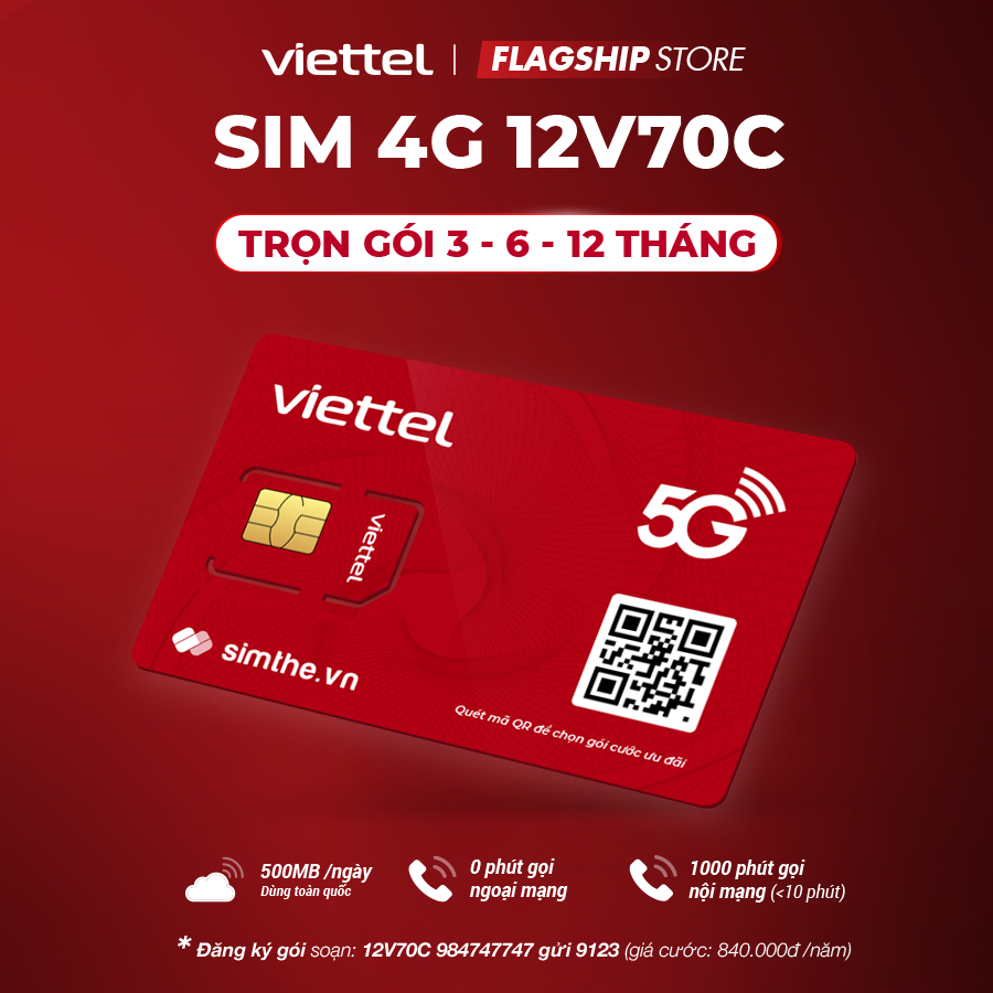 Sim Viettel 4G V70C Data 500MB/Ngày (15GB/Tháng) + 1000P Gọi Nội Mạng. Trọn Gói 1 Năm Không Cần Nạp Tiền