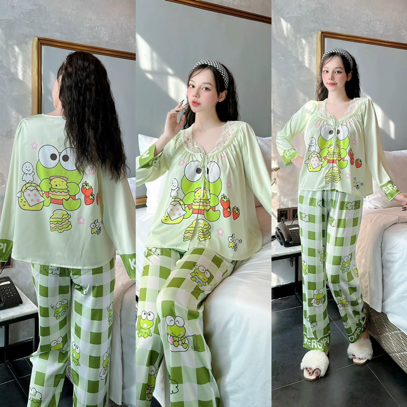 Bộ ngủ Ếch xanh dài và ngắn tay,cổ tròn phối ren,TK lụa tơ.tằm của 2CE