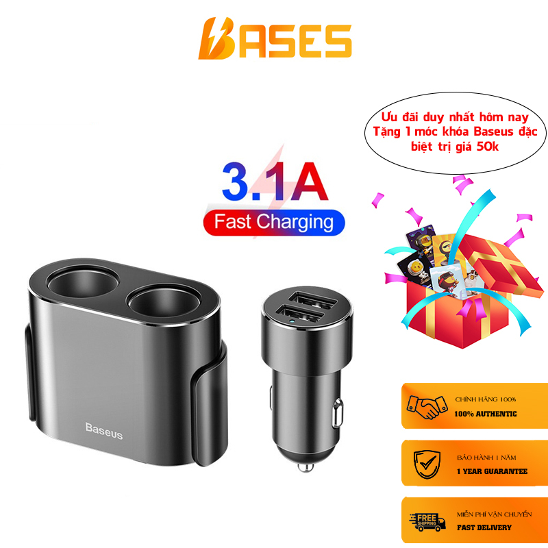 Tẩu sạc đa năng tích hợp bộ chia cổng sạc Baseus High Efficiency 1 to 2 Cigarette Lighter