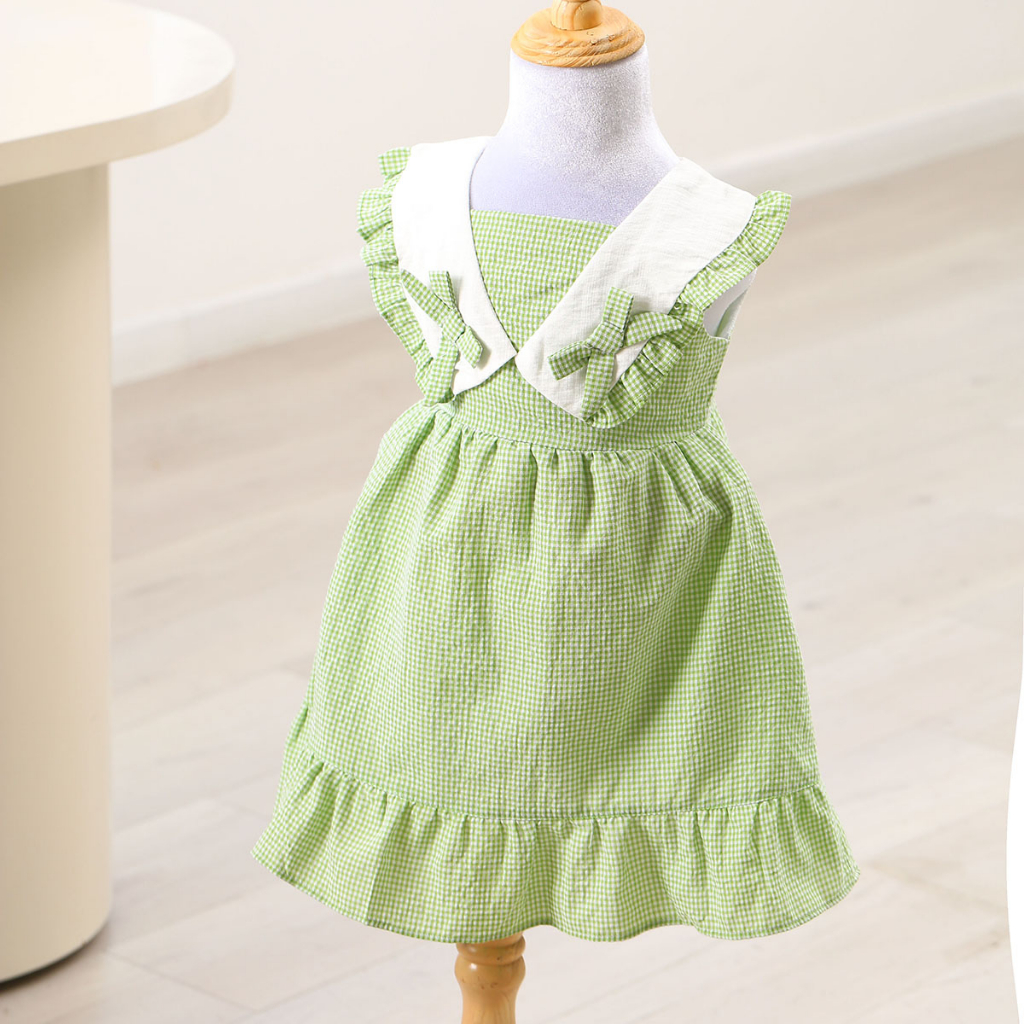 Váy cho bé gái 8kg đến 40kg YOYOKIDS, kiểu dáng babydoll sọc carô cổ V đính hai nơ nhỏ chất liệu cotton thấm hút mồ hôi