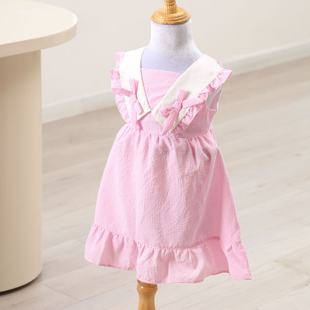 Váy cho bé gái 8kg đến 40kg YOYOKIDS, kiểu dáng babydoll sọc carô cổ V đính hai nơ nhỏ chất liệu cotton thấm hút mồ hôi