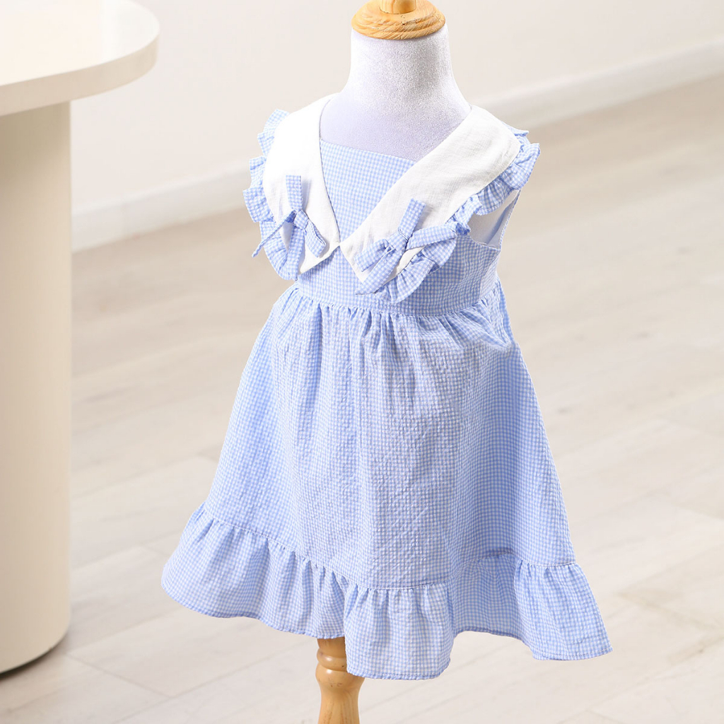 Váy cho bé gái 8kg đến 40kg YOYOKIDS, kiểu dáng babydoll sọc carô cổ V đính hai nơ nhỏ chất liệu cotton thấm hút mồ hôi