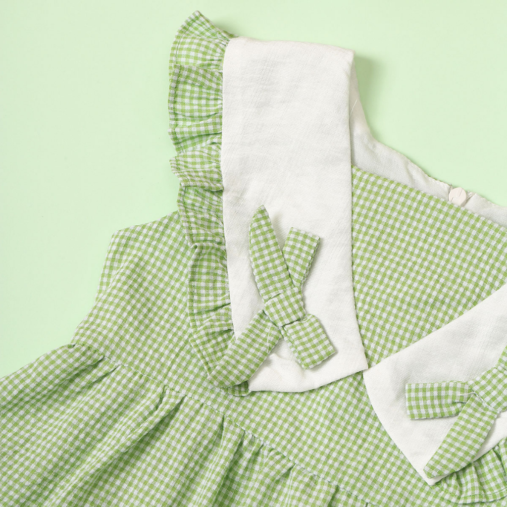 Váy cho bé gái 8kg đến 40kg YOYOKIDS, kiểu dáng babydoll sọc carô cổ V đính hai nơ nhỏ chất liệu cotton thấm hút mồ hôi