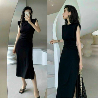 Đầm váy ôm  nhẹ thanh lịch đi làm tay ngắn chất thun cotton eo nhún xếp li, xẻ tà 2 bên