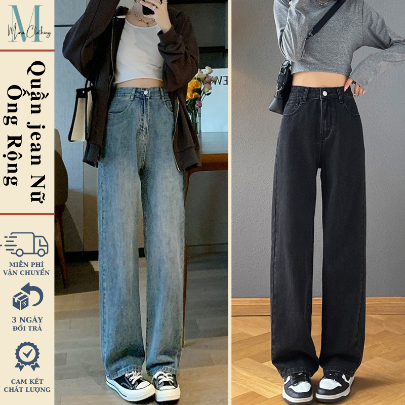Quần Jean nữ ReTro ống rộng Cạp Cao Minaclothing, Quần Bò jeans nữ đen ống rộng phong cách Retro Ulzzang 2023
