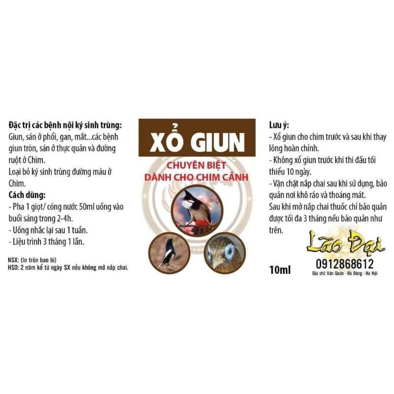 Xổ giun-loại bỏ ký sinh trùng đường ruột cho chim cảnh thương hiệu Lão Đại