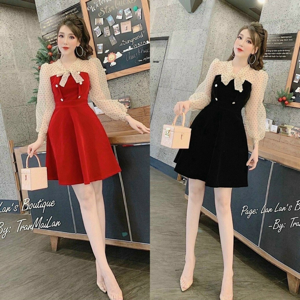 Đầm tay dài phối lưới chấm bi kết hợp với cột nơ xinh xắn, dễ thương thời trang nữ dành cho nàng đi chơi,dự tiệc T280