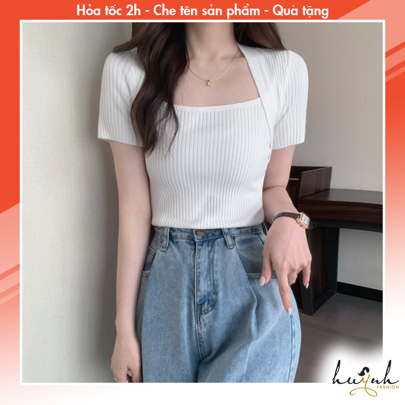 Áo Len Tăm Tay Ngắn Cổ Vuông Phong Cách Hàn Quốc - LEN08