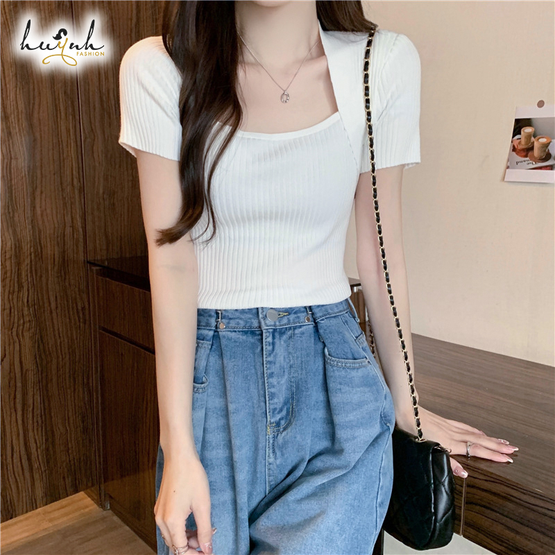 Áo Len Tăm Tay Ngắn Cổ Vuông Phong Cách Hàn Quốc - LEN08