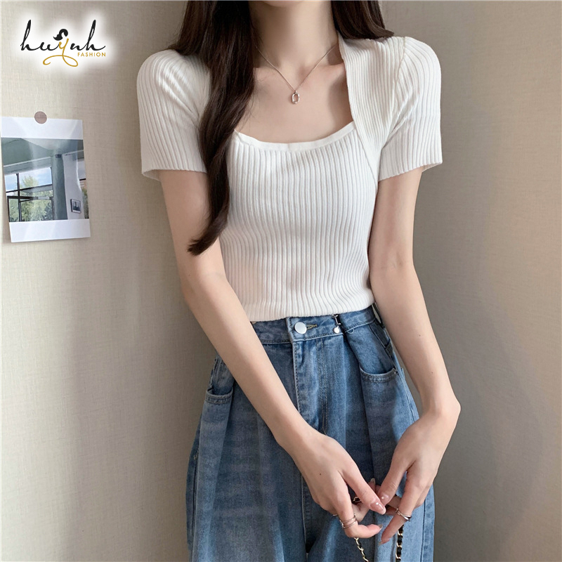 Áo Len Tăm Tay Ngắn Cổ Vuông Phong Cách Hàn Quốc - LEN08