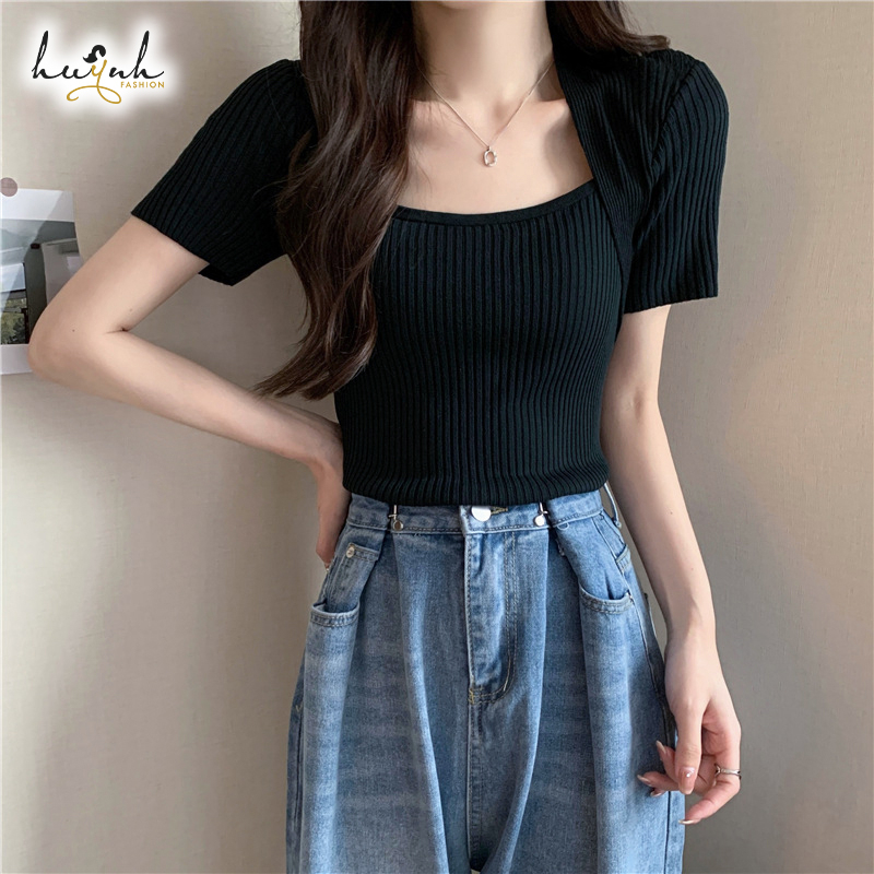 Áo Len Tăm Tay Ngắn Cổ Vuông Phong Cách Hàn Quốc - LEN08