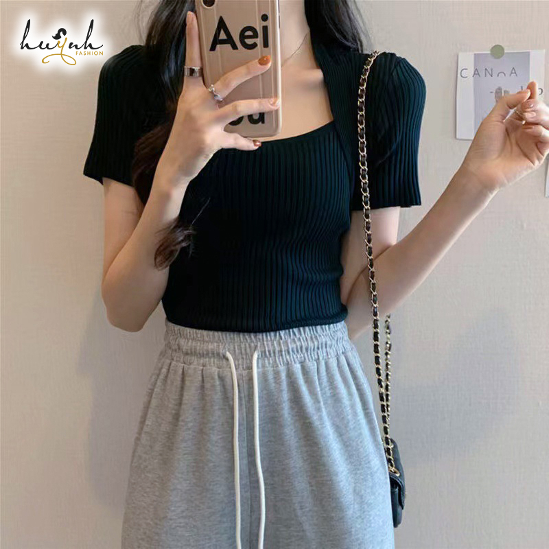 Áo Len Tăm Tay Ngắn Cổ Vuông Phong Cách Hàn Quốc - LEN08