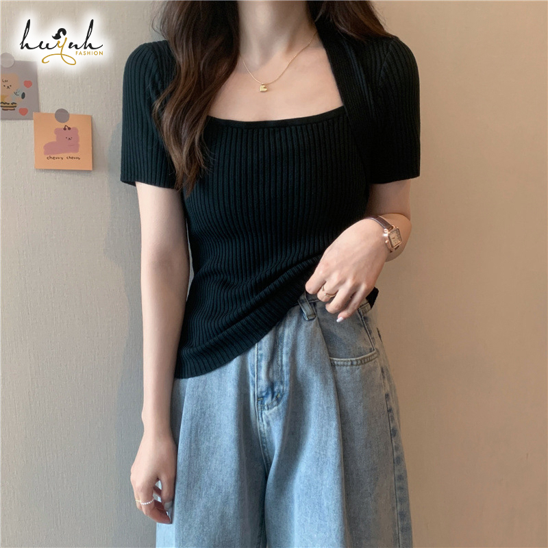 Áo Len Tăm Tay Ngắn Cổ Vuông Phong Cách Hàn Quốc - LEN08