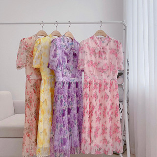 Váy hoa chân dập ly minz store mã 3769, thiết kế cổ buộc nơ
