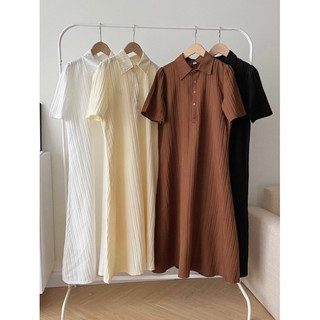 Đầm polo, váy suông cổ sơ mi dáng dài chất gân xước thời trang trẻ trung