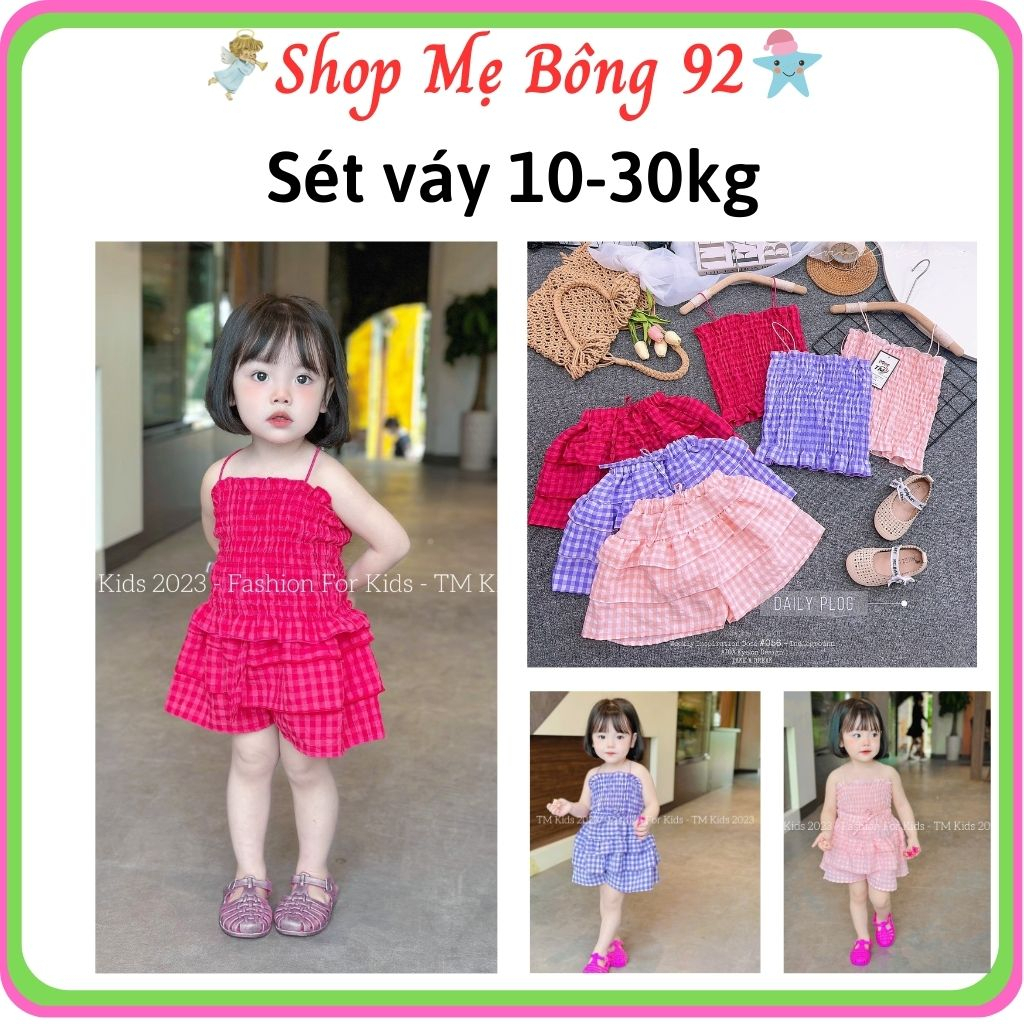 Sét Bộ 10-30kg Kẻ Caro Chất Mềm Áo 2 Dây Chân Váy Có Quần trong Bé Gái Mùa Hè BG2656B - Shop Mẹ Bông 92