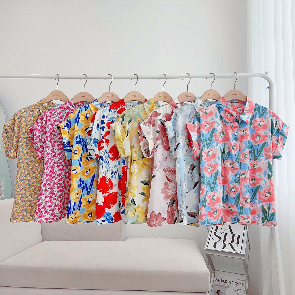 Áo Sơ Mi Lụa Họa Tiết Hoa MINZ STORE Mã 2334, Thiết Kế Vai Liền