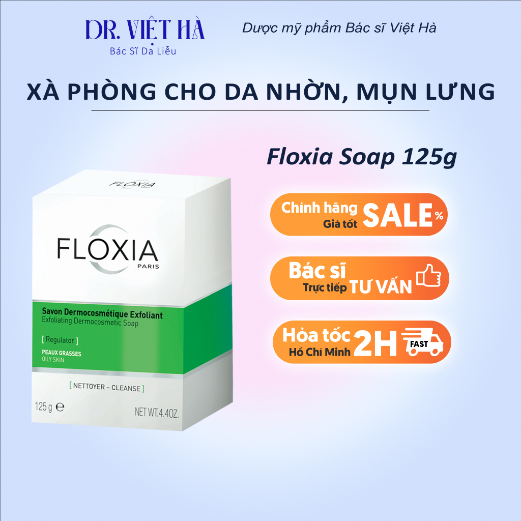 Xà phòng Floxia DERMOCOSMETIC SOAP EXFOLIATING dành cho da nhờn, mụn lưng, tẩy tế bào chết| Bs Hà Da Liễu Khuyên Dùng