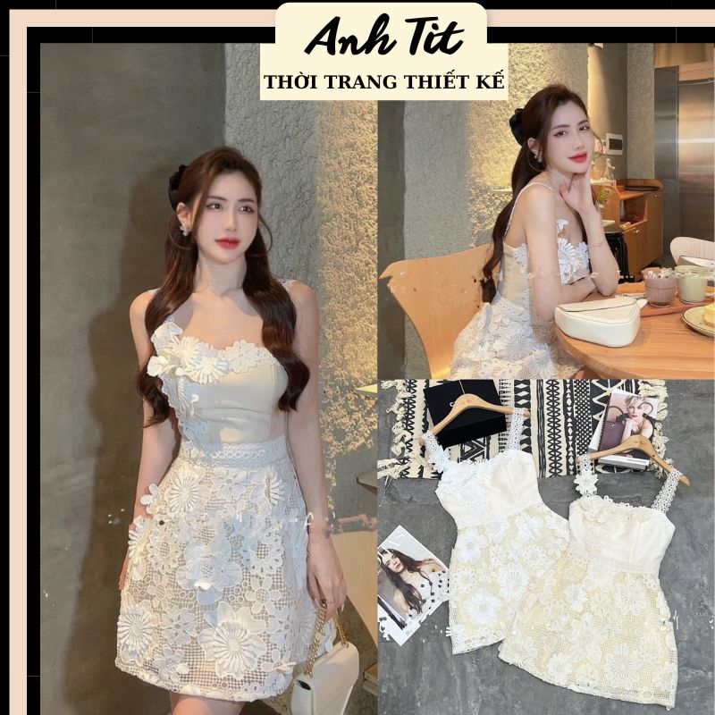 Đầm Ren 2s Hoa Nổi Hai Màu Trắng Kem Cao Dáng Xoè Chữ A Dự Tiệc Siêu Xinh, Váy Ren Cao Cấp Hoa Nổi Tiểu Thư - A.T.B