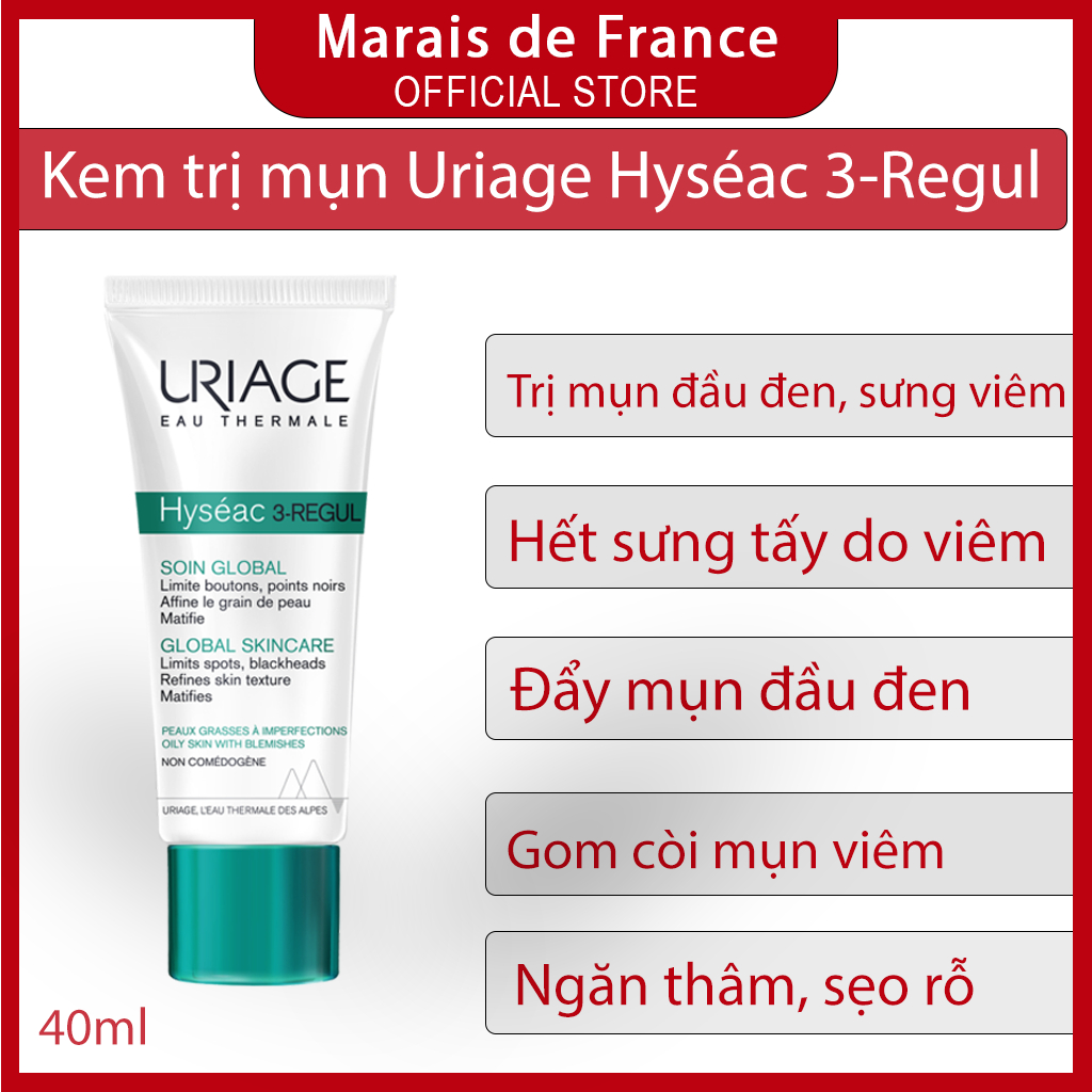 Kem dưỡng giảm mụn Uriage Hyséac 3-Regul Global Care 40ml kiềm dầu cho da dầu mụn