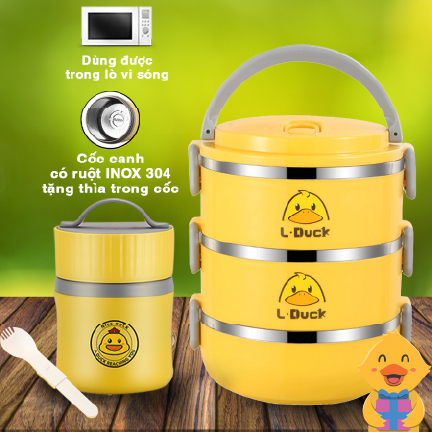 Combo Cốc Canh Inox + Hộp Cơm 3 Tầng Bằng Thép Không Gỉ Màu Vàng Nhiều Lớp Cách Nhiệt