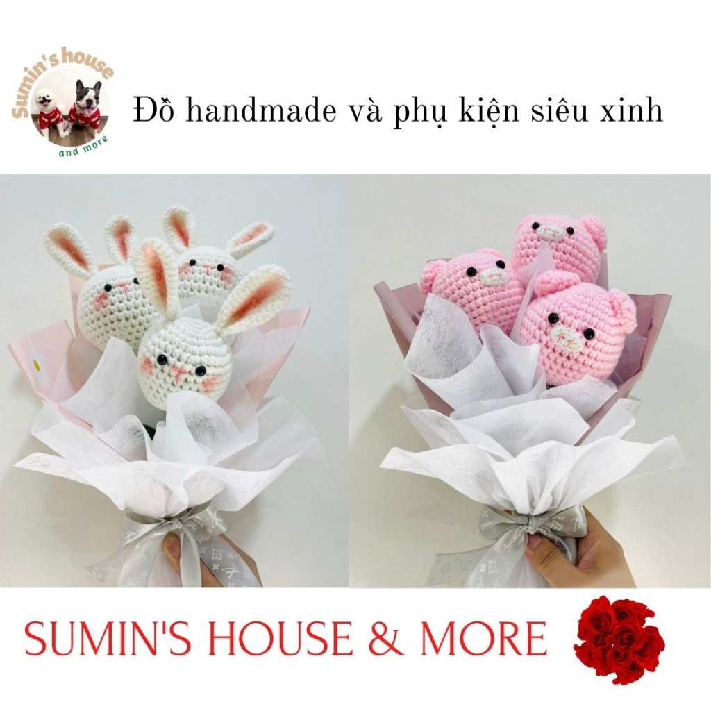Hoa len handmade ( bó 3 bông hàng có sẵn), hoa thỏ, heo, gấu dâu, ếch cốm, hổ con
