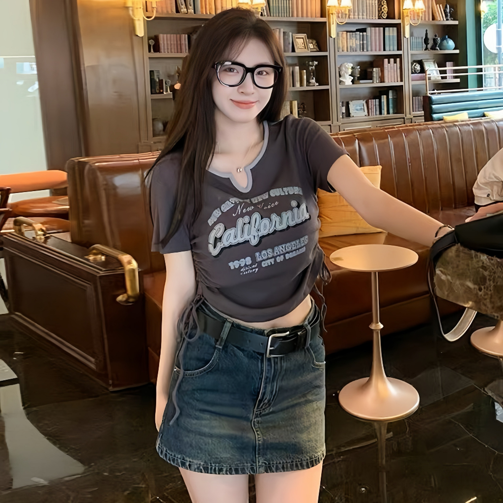 Áo Croptop 2023 Dây Rút Áo Croptop Nữ Ngắn Tay Màu Be Chất Tăm Bozip Co Giãn Ôm Body Sexy