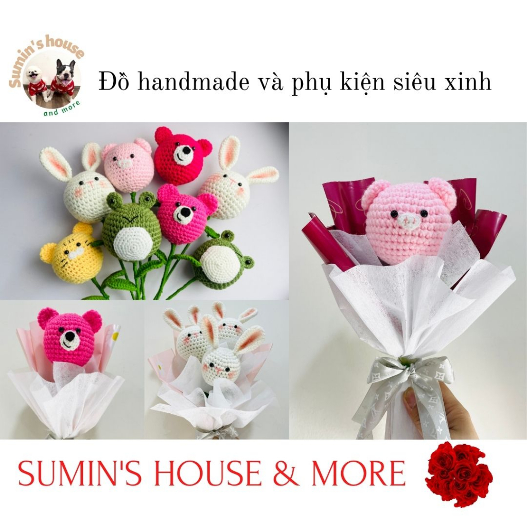 Hoa len handmade (hàng có sẵn)( hoa thỏ, hoa heo, hoa gấu dâu, hoa hổ con, hoa ếch cốm...)