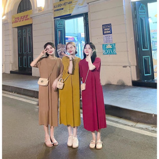 Đầm suông tăm dáng dài, váy xuông cổ tròn tay ngắn dạo phố nhiều màu thời trang