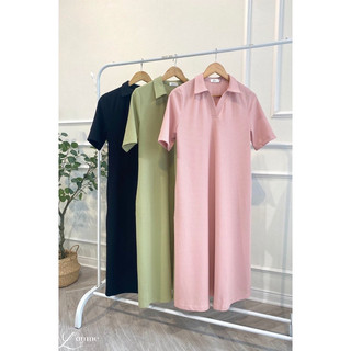  Đầm polo dáng dài váy bầu cổ sơ mi trơn basic có túi chất tăm lạnh chất đẹp hàng shop 