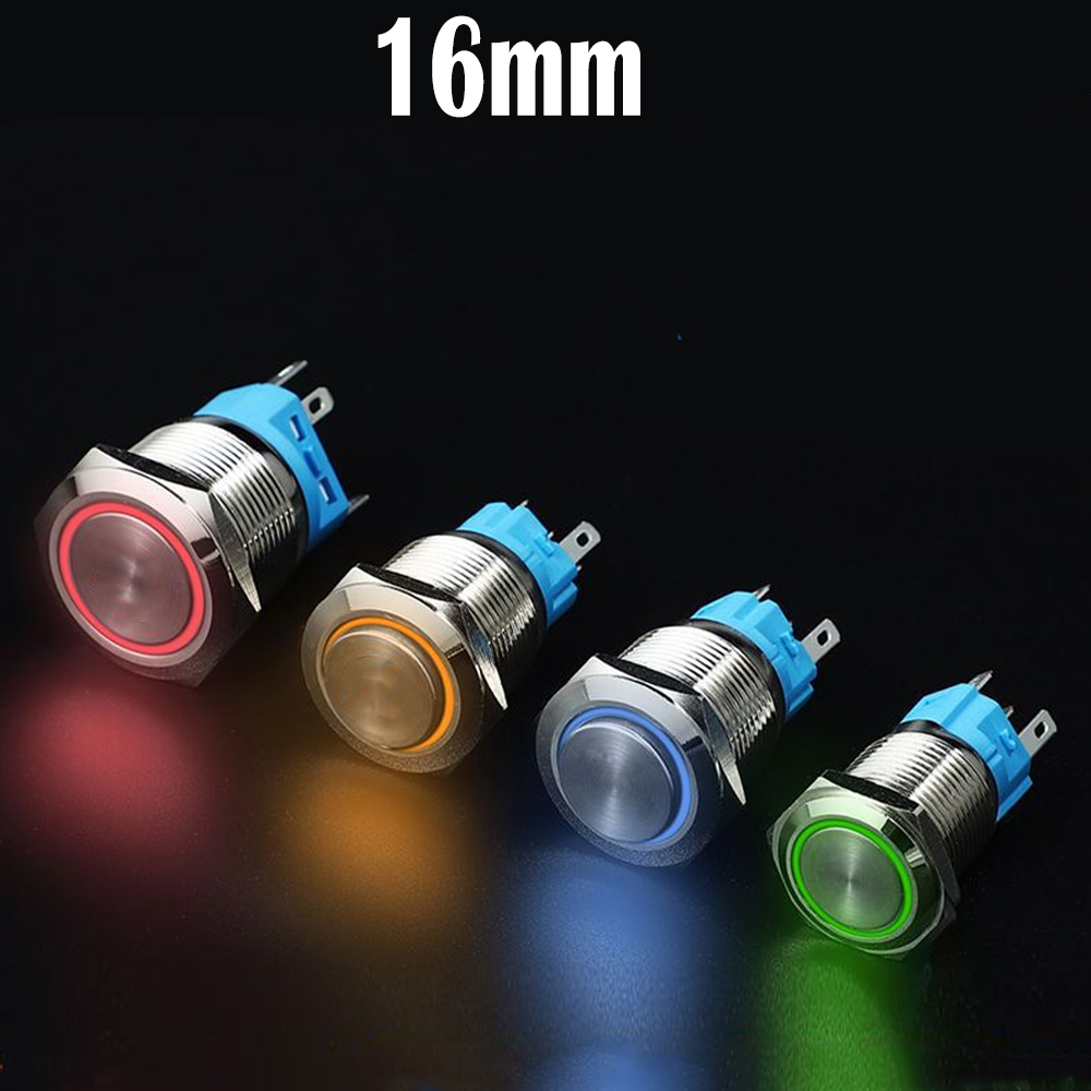 Nút nhấn nhả có đèn LED 16mm 3-6V, 12-24V, 110-220V Thân vỏ Kim loại chống nước