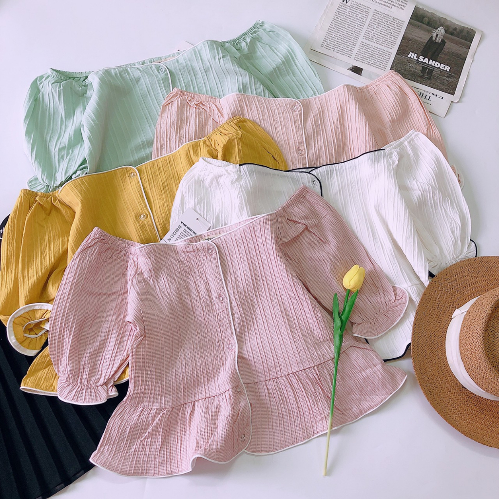 Áo Kiểu Bẹt Vai Tay Bo Túi Nơ Chất Kate Gân Fom Nhỏ - Jancaroshop