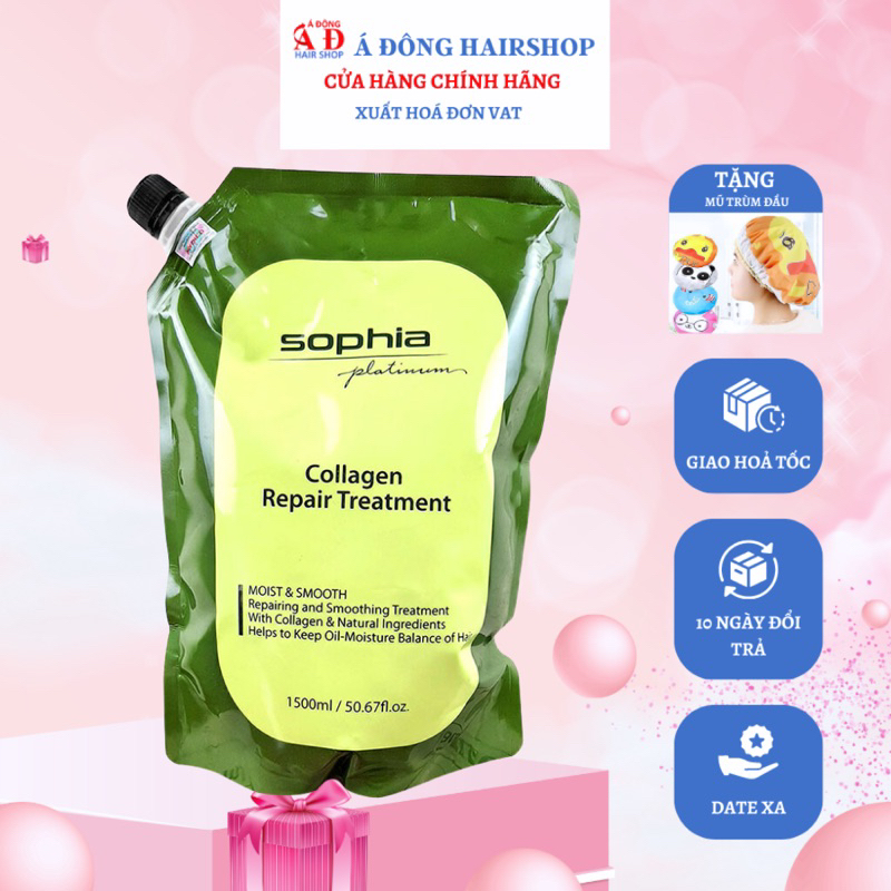 Hấp dầu phục hồi siêu mượt Sophia Collagen Repair treatment xanh cho tóc khô xơ hư tổn túi 1500ml