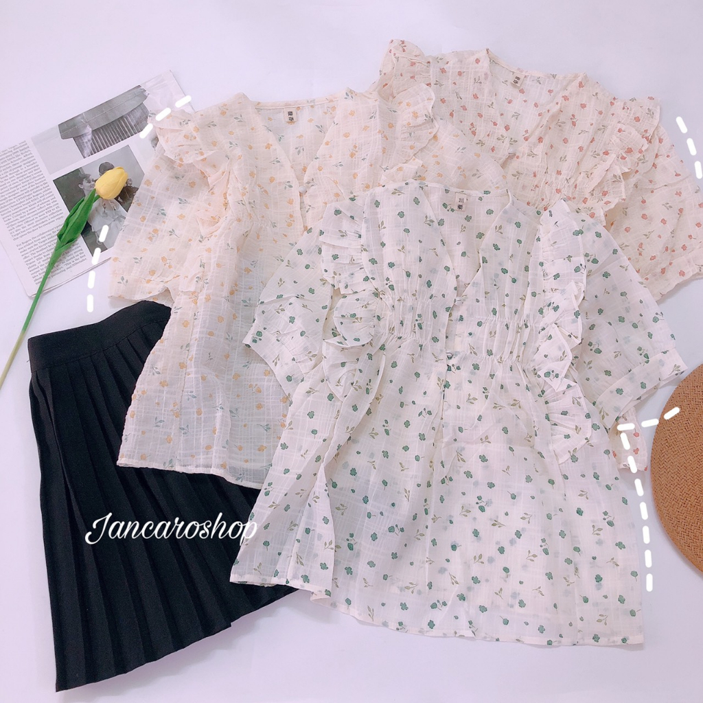 Áo Kiểu Tay Bo Vai Viền Bèo Cổ Tim Xòe Fom Đơn Giản Tiện Dụng - Jancaroshop