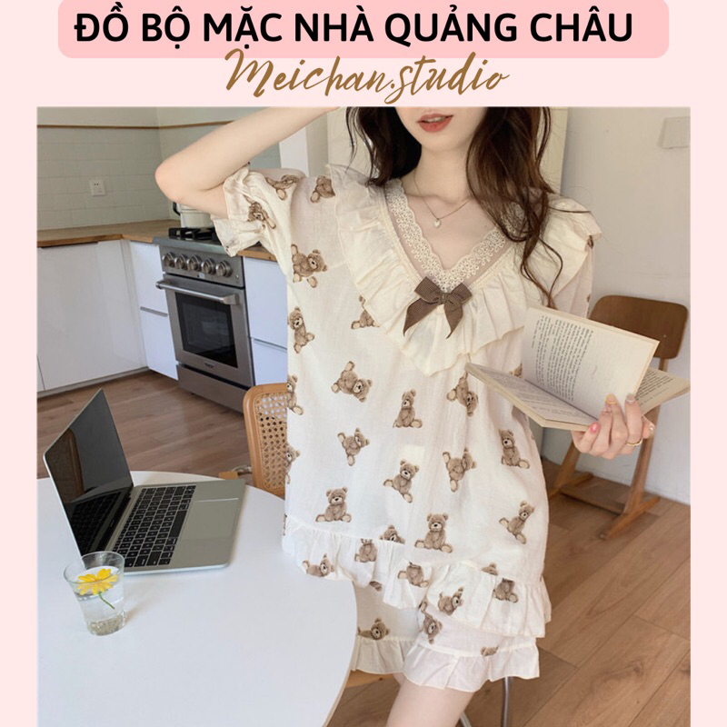 Đồ Ngủ - Đồ Bộ Nữ Mặc Nhà Tiểu Thư Hoạ Tiết Gấu Chất Đũi Cổ V Bèo Phối Nơ Ulzzang Quảng Châu
