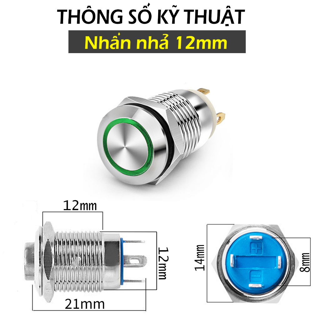 Nút nhấn công tắc 12mm INOX, Nguồn nhấn nhả 3-6V, 12-24V, 110-220V